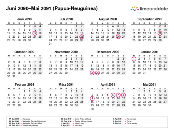 Kalender für 2090 in Papua-Neuguinea
