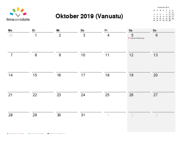 Kalender für 2019 in Vanuatu