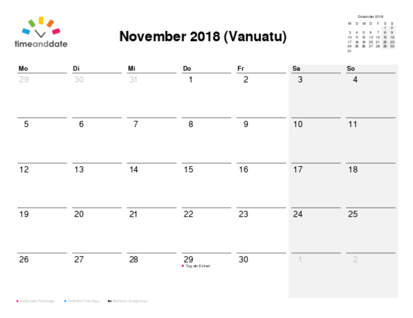 Kalender für 2018 in Vanuatu
