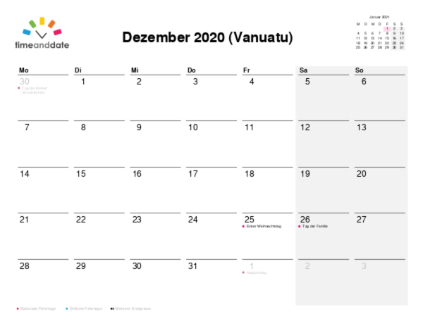 Kalender für 2020 in Vanuatu
