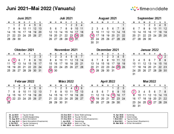 Kalender für 2021 in Vanuatu