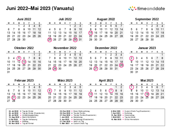 Kalender für 2022 in Vanuatu