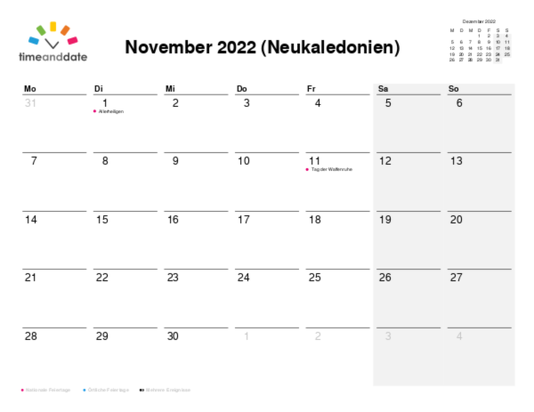 Kalender für 2022 in Neukaledonien