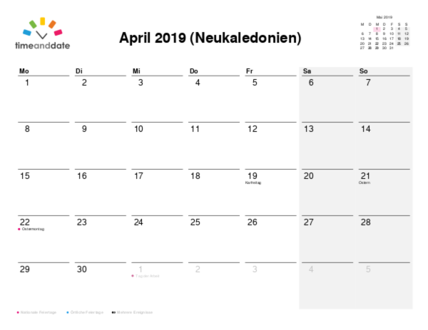Kalender für 2019 in Neukaledonien