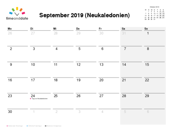 Kalender für 2019 in Neukaledonien