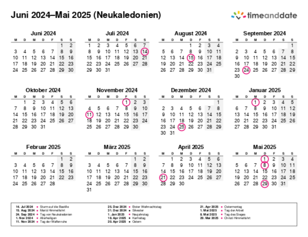 Kalender für 2024 in Neukaledonien