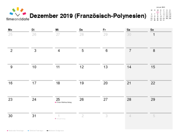 Kalender für 2019 in Französisch-Polynesien