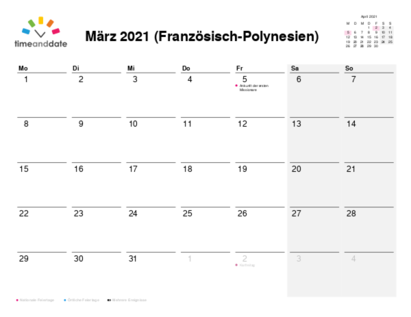 Kalender für 2021 in Französisch-Polynesien