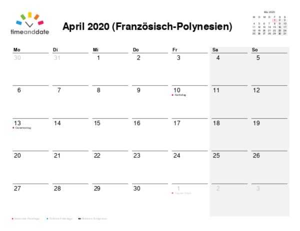 Kalender für 2020 in Französisch-Polynesien