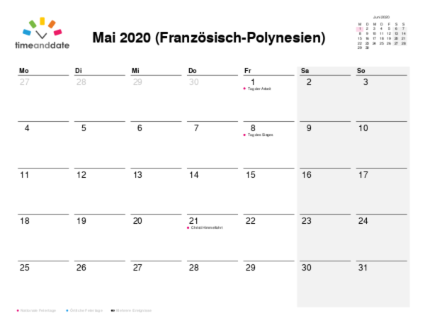Kalender für 2020 in Französisch-Polynesien