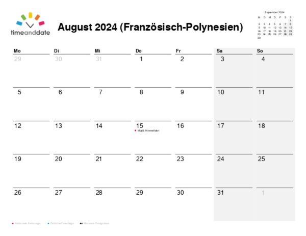 Kalender für 2024 in Französisch-Polynesien