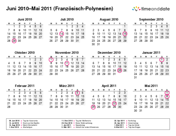 Kalender für 2010 in Französisch-Polynesien