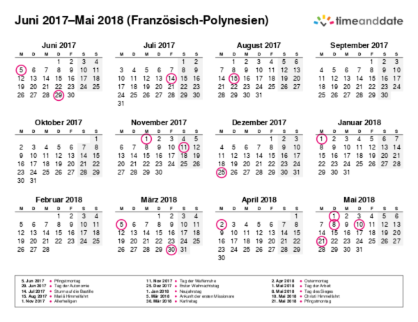 Kalender für 2017 in Französisch-Polynesien