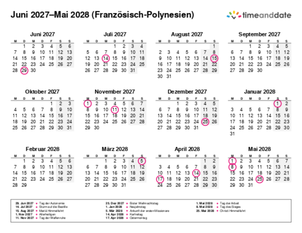 Kalender für 2027 in Französisch-Polynesien