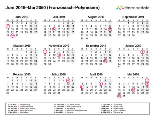 Kalender für 2049 in Französisch-Polynesien