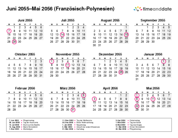 Kalender für 2055 in Französisch-Polynesien