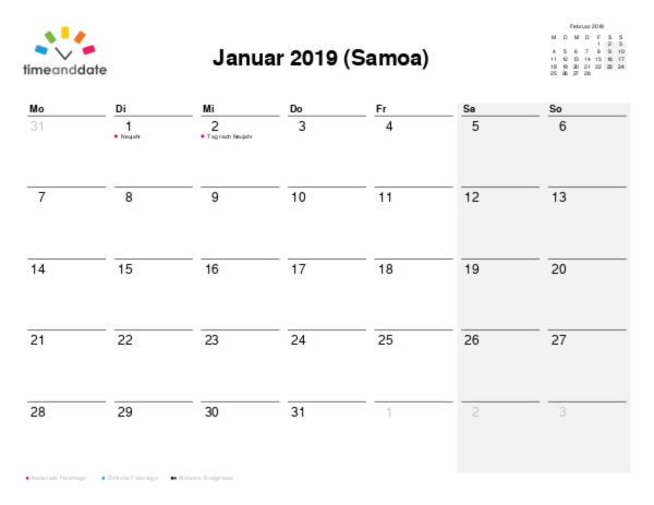 Kalender für 2019 in Samoa