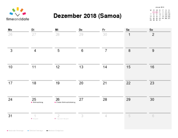 Kalender für 2018 in Samoa