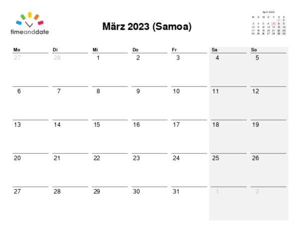 Kalender für 2023 in Samoa