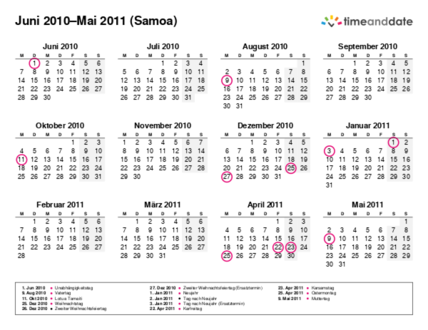 Kalender für 2010 in Samoa