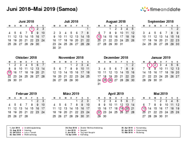 Kalender für 2018 in Samoa