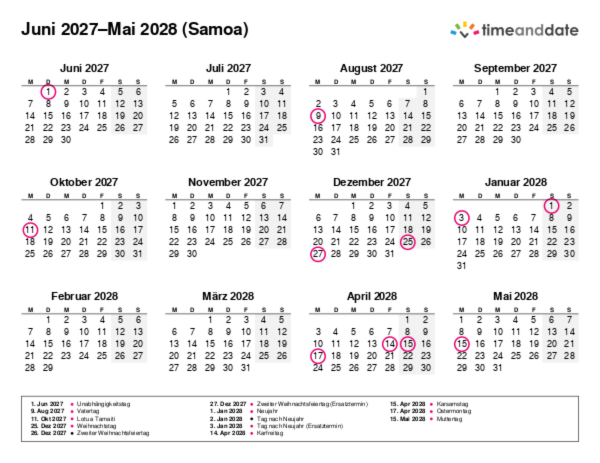 Kalender für 2027 in Samoa