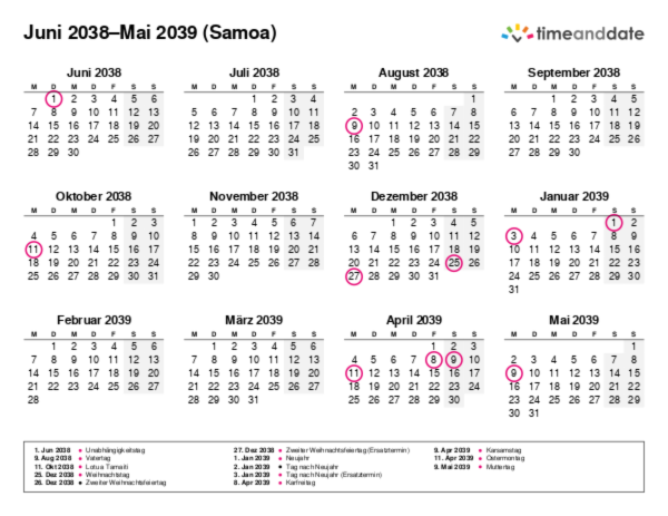 Kalender für 2038 in Samoa