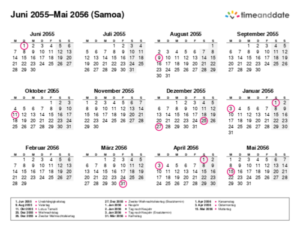 Kalender für 2055 in Samoa