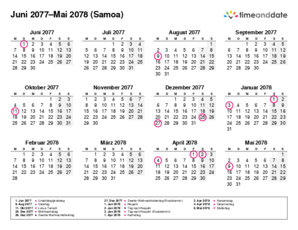 Kalender für 2077 in Samoa