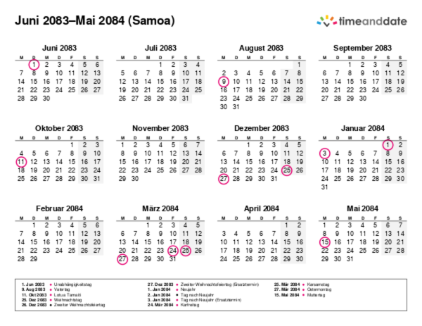 Kalender für 2083 in Samoa