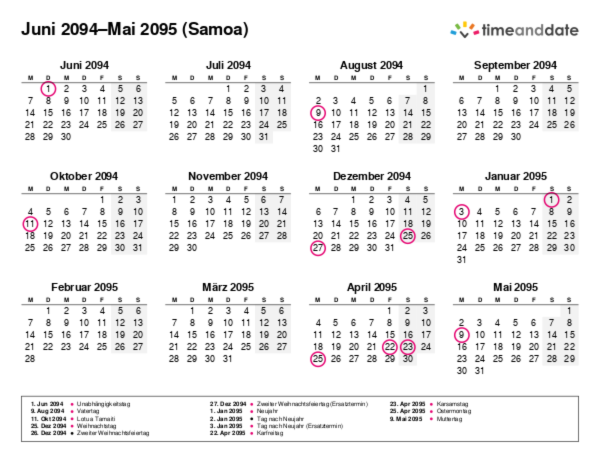 Kalender für 2094 in Samoa