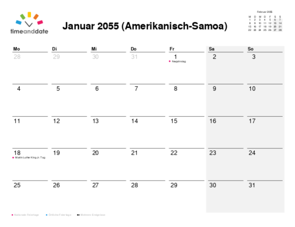 Kalender für 2055 in Amerikanisch-Samoa