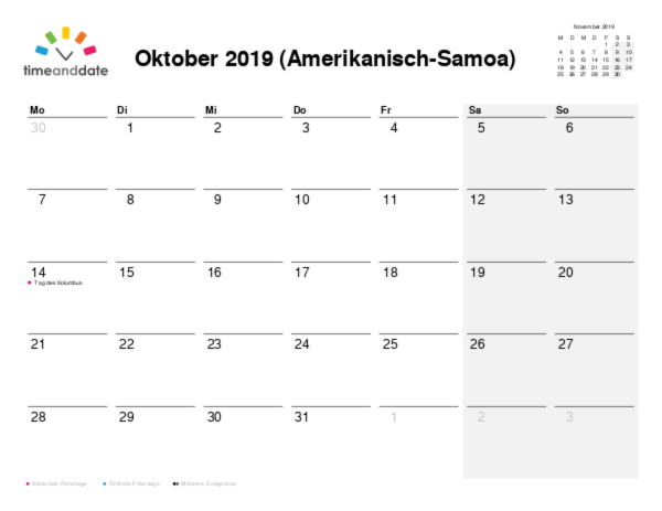Kalender für 2019 in Amerikanisch-Samoa
