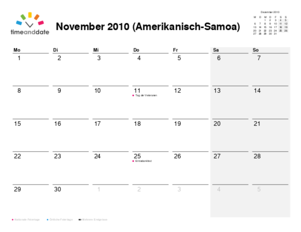 Kalender für 2010 in Amerikanisch-Samoa