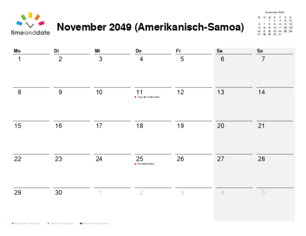 Kalender für 2049 in Amerikanisch-Samoa