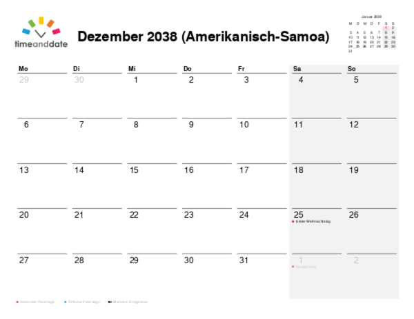 Kalender für 2038 in Amerikanisch-Samoa