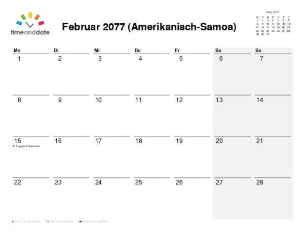 Kalender für 2077 in Amerikanisch-Samoa