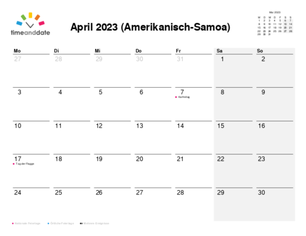 Kalender für 2023 in Amerikanisch-Samoa