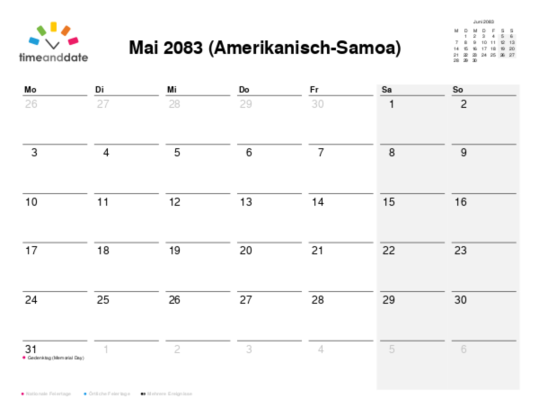 Kalender für 2083 in Amerikanisch-Samoa