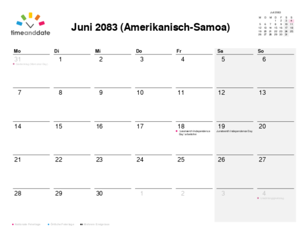 Kalender für 2083 in Amerikanisch-Samoa