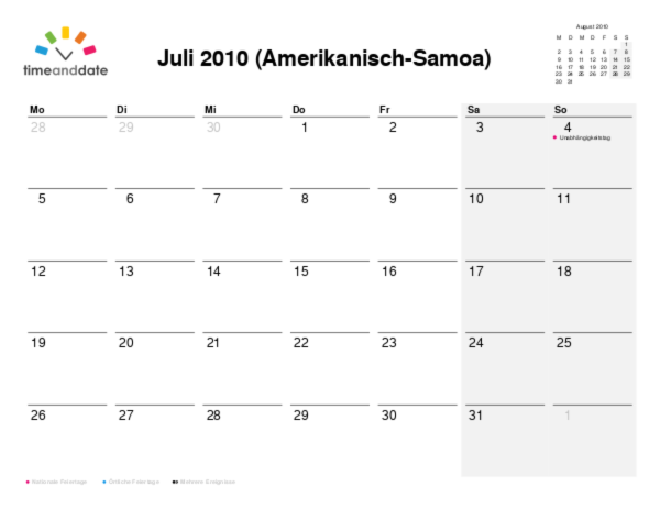 Kalender für 2010 in Amerikanisch-Samoa