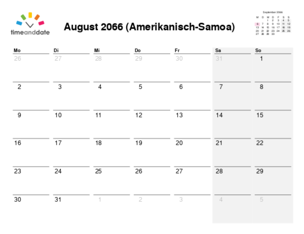 Kalender für 2066 in Amerikanisch-Samoa