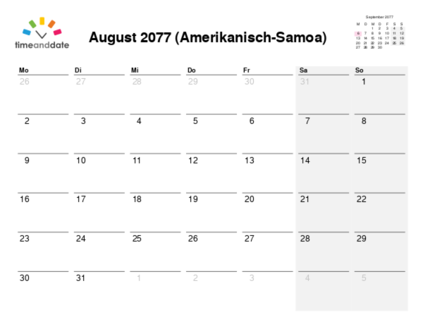 Kalender für 2077 in Amerikanisch-Samoa