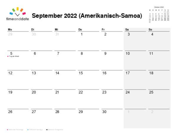 Kalender für 2022 in Amerikanisch-Samoa