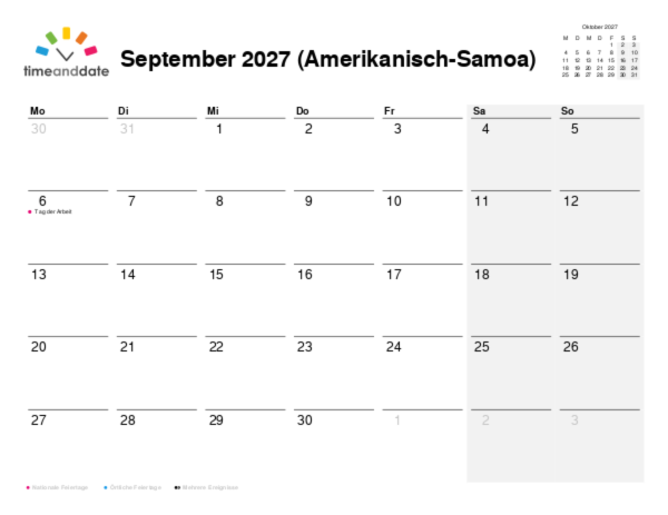 Kalender für 2027 in Amerikanisch-Samoa