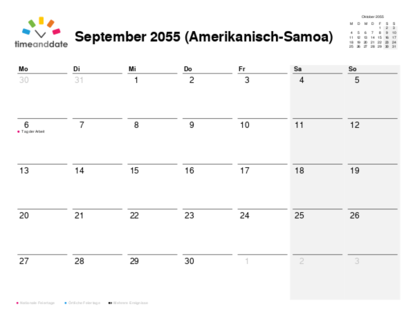 Kalender für 2055 in Amerikanisch-Samoa