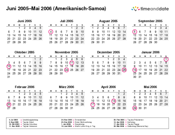 Kalender für 2005 in Amerikanisch-Samoa