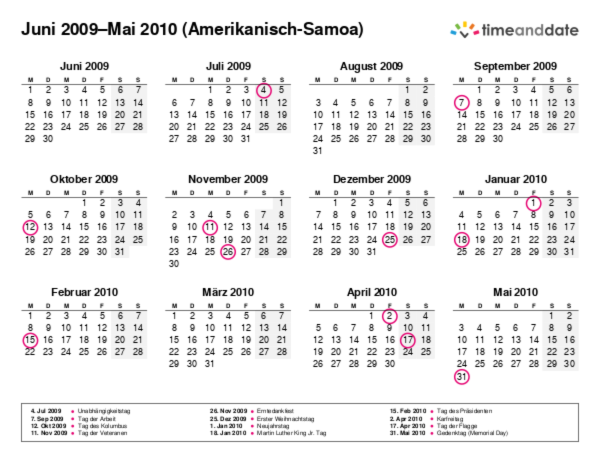 Kalender für 2009 in Amerikanisch-Samoa