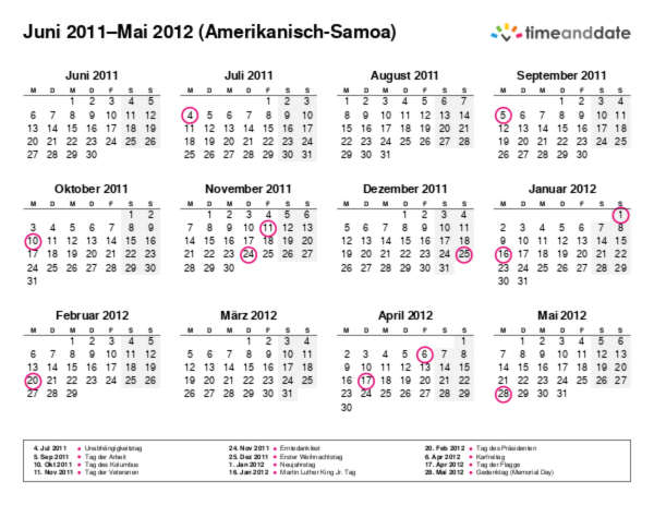 Kalender für 2011 in Amerikanisch-Samoa