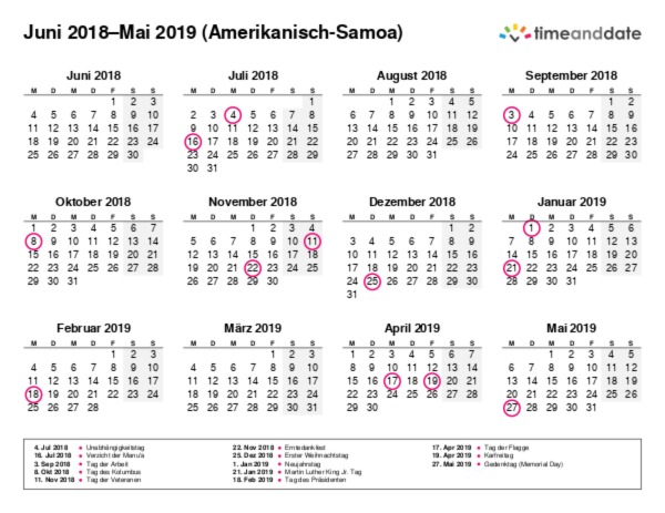 Kalender für 2018 in Amerikanisch-Samoa